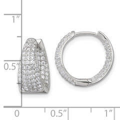 QE17954 Sterling Silver Polished Tapered In and Out CZ 16mm Hinged Round Hoop Earrings