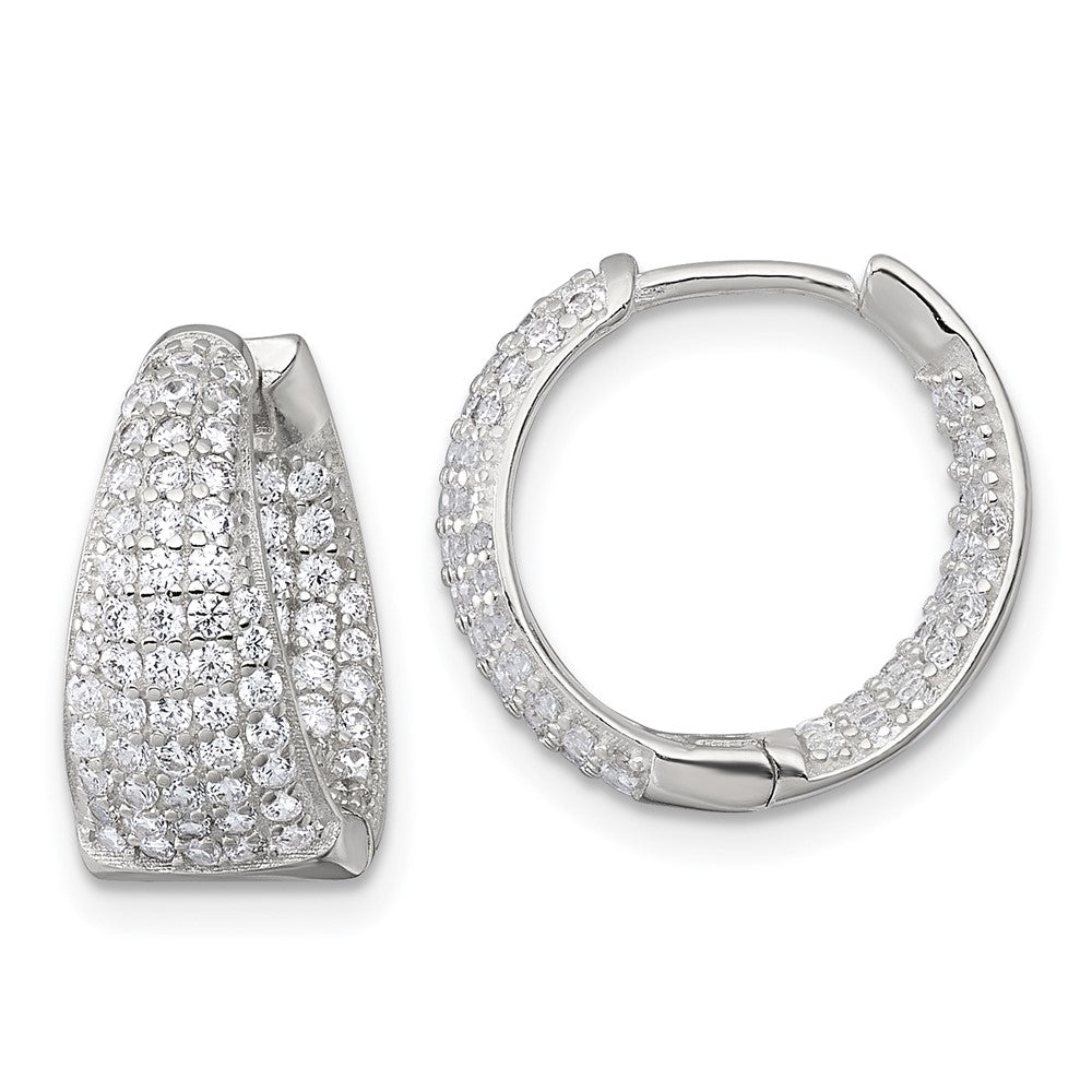 QE17954 Sterling Silver Polished Tapered In and Out CZ 16mm Hinged Round Hoop Earrings