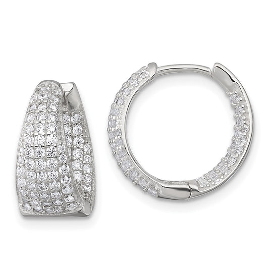 QE17954 Sterling Silver Polished Tapered In and Out CZ 16mm Hinged Round Hoop Earrings