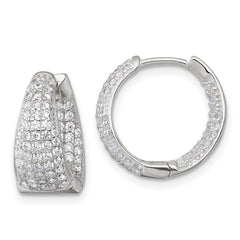 QE17954 Sterling Silver Polished Tapered In and Out CZ 16mm Hinged Round Hoop Earrings