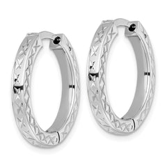 QE17955 Sterling Silver Rhodium-plated Polished Diamond-cut 3x23mm with Safety Lock Hinged Square Tube Hoop Earrings