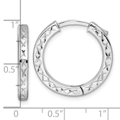 QE17955 Sterling Silver Rhodium-plated Polished Diamond-cut 3x23mm with Safety Lock Hinged Square Tube Hoop Earrings