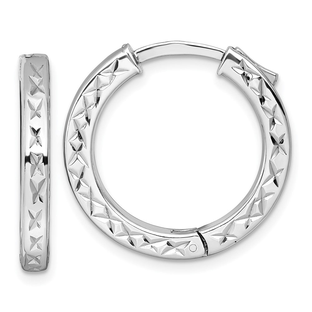 QE17955 Sterling Silver Rhodium-plated Polished Diamond-cut 3x23mm with Safety Lock Hinged Square Tube Hoop Earrings