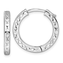 QE17955 Sterling Silver Rhodium-plated Polished Diamond-cut 3x23mm with Safety Lock Hinged Square Tube Hoop Earrings