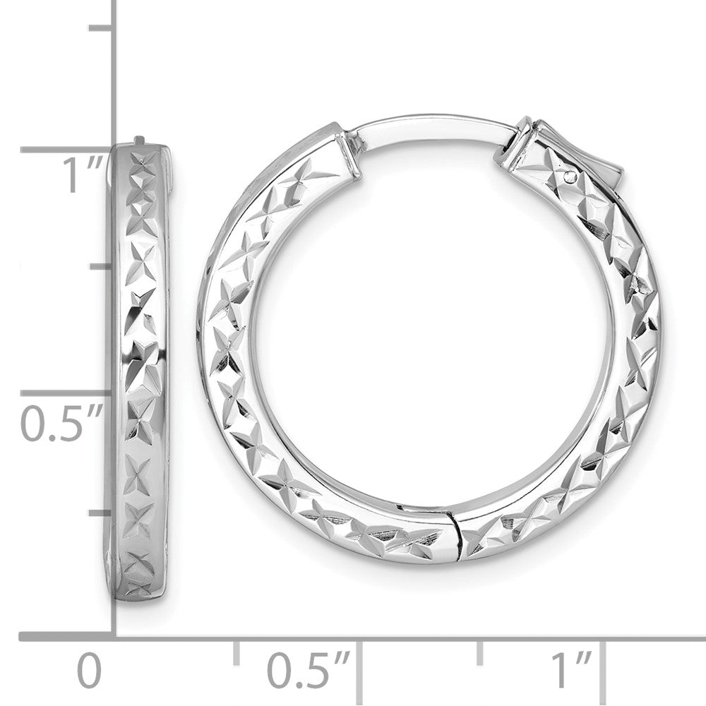 QE17956 Sterling Silver Rhodium-plated Polished Diamond-cut 3x25mm with Safety Lock Hinged Square Tube Hoop Earrings