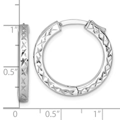 QE17956 Sterling Silver Rhodium-plated Polished Diamond-cut 3x25mm with Safety Lock Hinged Square Tube Hoop Earrings