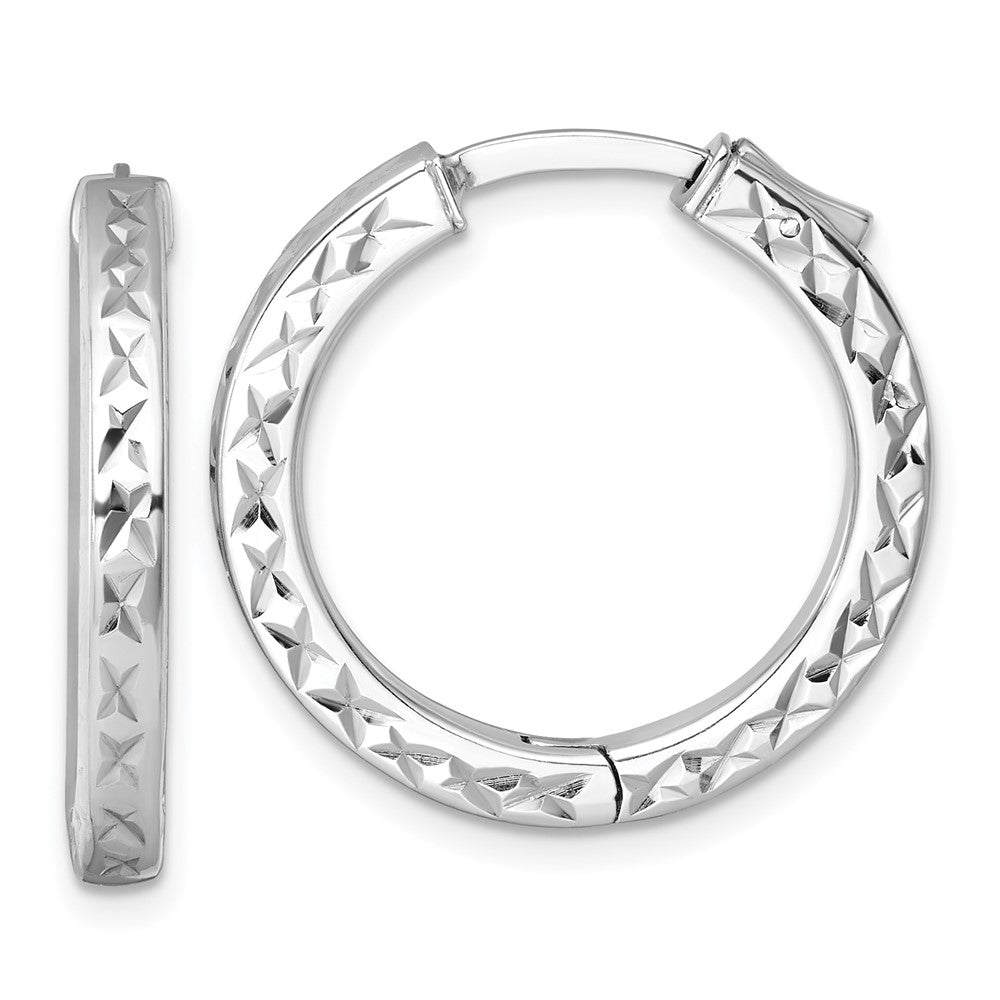 QE17956 Sterling Silver Rhodium-plated Polished Diamond-cut 3x25mm with Safety Lock Hinged Square Tube Hoop Earrings