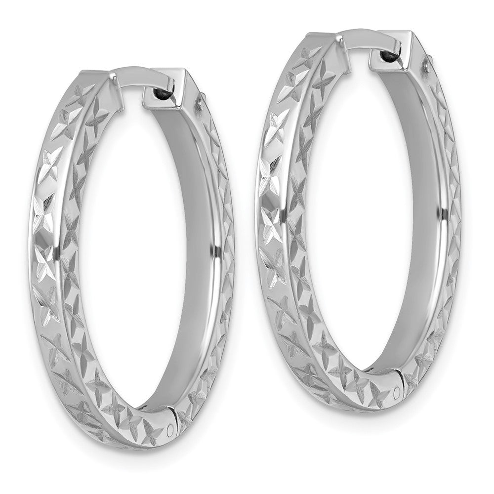 QE17957 Sterling Silver Rhodium-plated Polished Diamond-cut 3x28mm with Safety Lock Hinged Square Tube Hoop Earrings