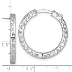 QE17957 Sterling Silver Rhodium-plated Polished Diamond-cut 3x28mm with Safety Lock Hinged Square Tube Hoop Earrings
