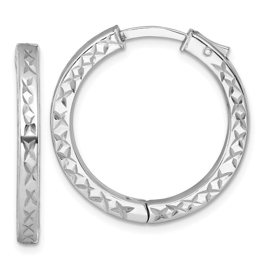 QE17957 Sterling Silver Rhodium-plated Polished Diamond-cut 3x28mm with Safety Lock Hinged Square Tube Hoop Earrings
