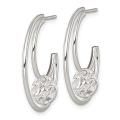 QE17962 Sterling Silver Polished Textured Moveable Disc Fancy Crescent Moon C-Hoop Post Earrings