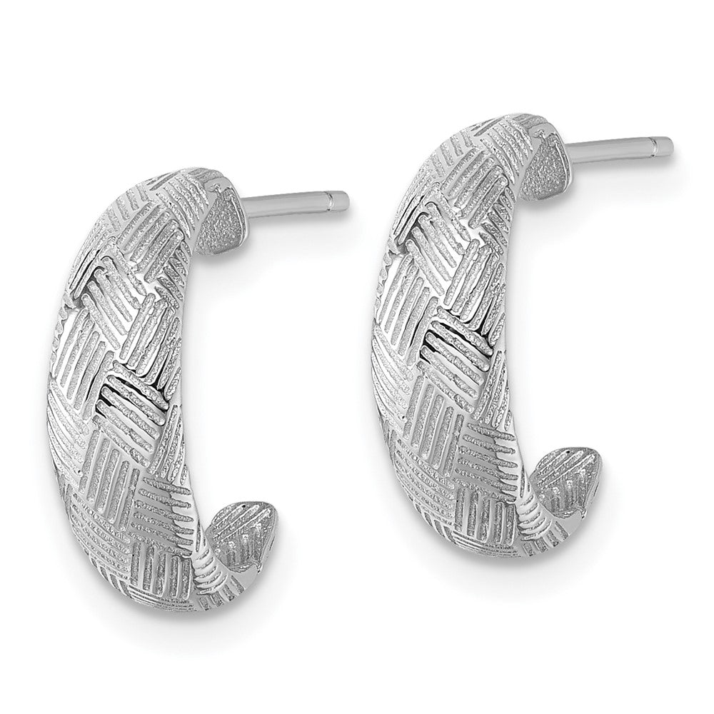 QE17970 Sterling Silver Rhodium-plated Textured Woven Design Post J-Hoop Earrings