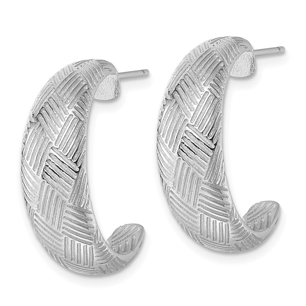 QE17971 Sterling Silver Rhodium-plated Textured Woven Design Post J-Hoop Earrings