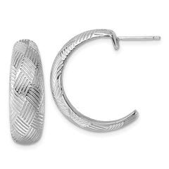 QE17971 Sterling Silver Rhodium-plated Textured Woven Design Post J-Hoop Earrings