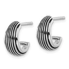 QE17972 Sterling Silver Rhodium-plated Antiqued Grooved Graduated J-Hoop Post Earrings