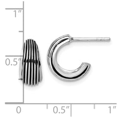 QE17972 Sterling Silver Rhodium-plated Antiqued Grooved Graduated J-Hoop Post Earrings