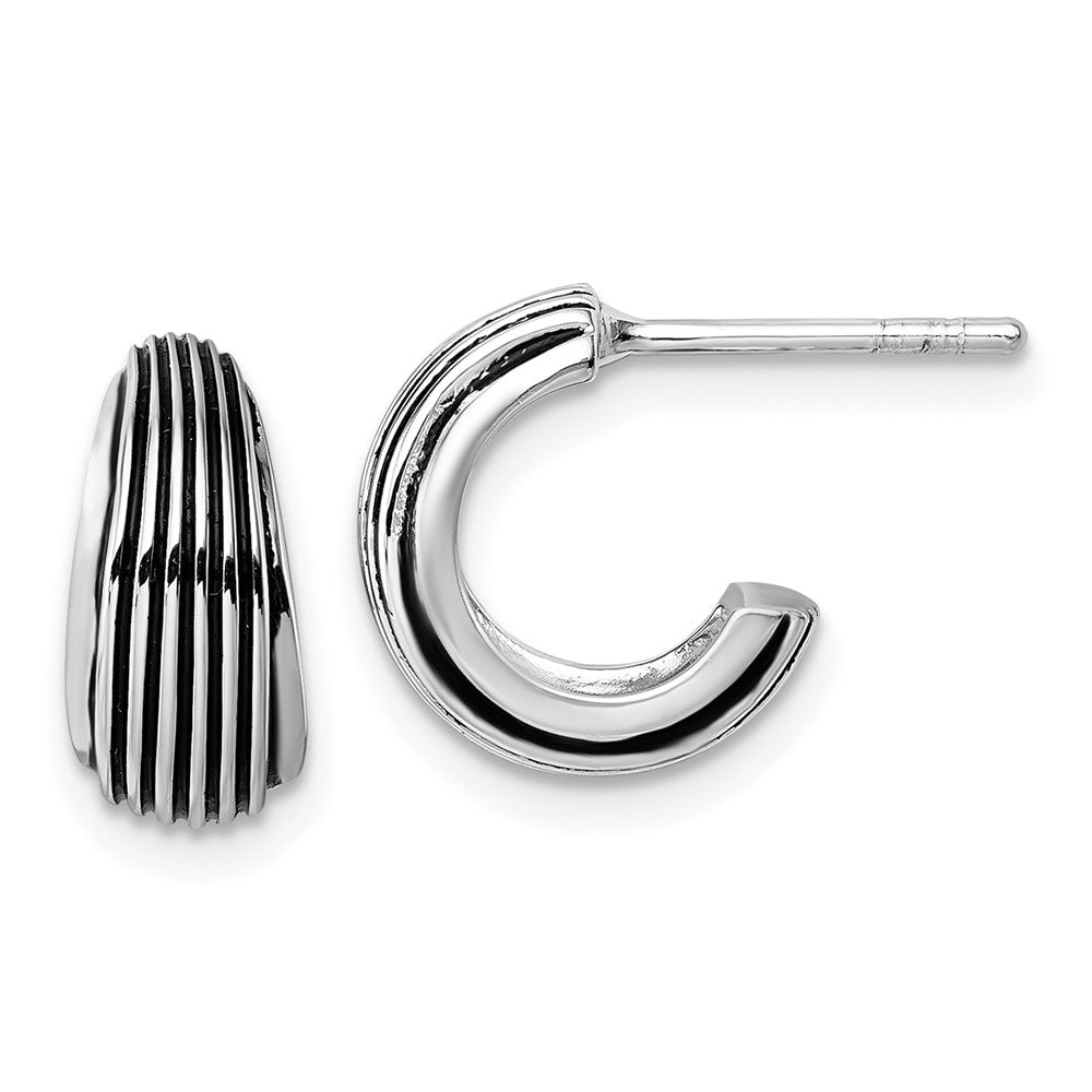 QE17972 Sterling Silver Rhodium-plated Antiqued Grooved Graduated J-Hoop Post Earrings