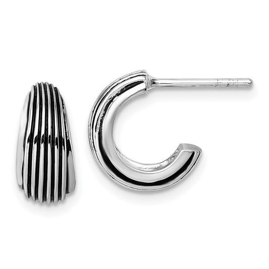 QE17972 Sterling Silver Rhodium-plated Antiqued Grooved Graduated J-Hoop Post Earrings