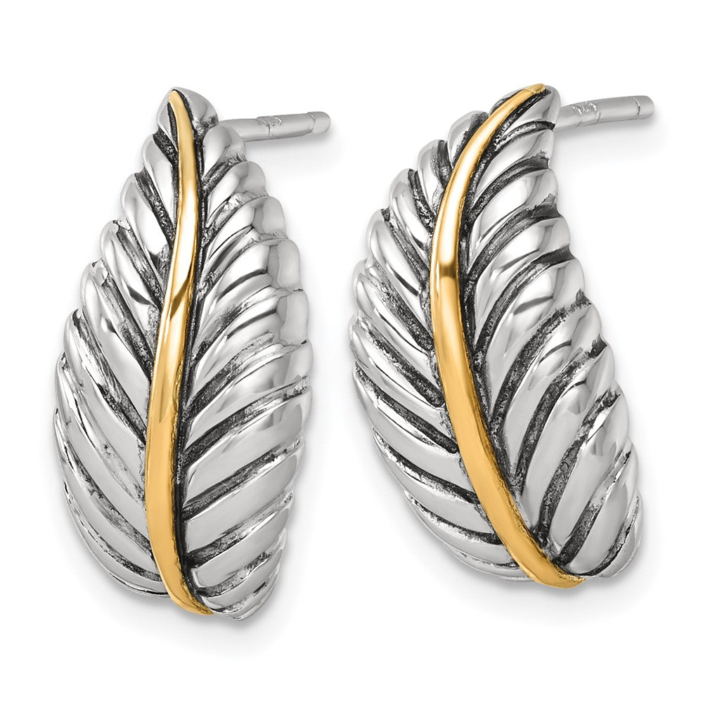 QE17975 Sterling Silver Antiqued with 14k Accent Polished Feather Post Earrings
