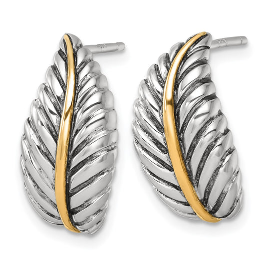 QE17975 Sterling Silver Antiqued with 14k Accent Polished Feather Post Earrings