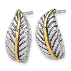 QE17975 Sterling Silver Antiqued with 14k Accent Polished Feather Post Earrings