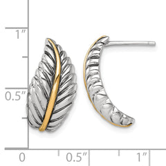 QE17975 Sterling Silver Antiqued with 14k Accent Polished Feather Post Earrings