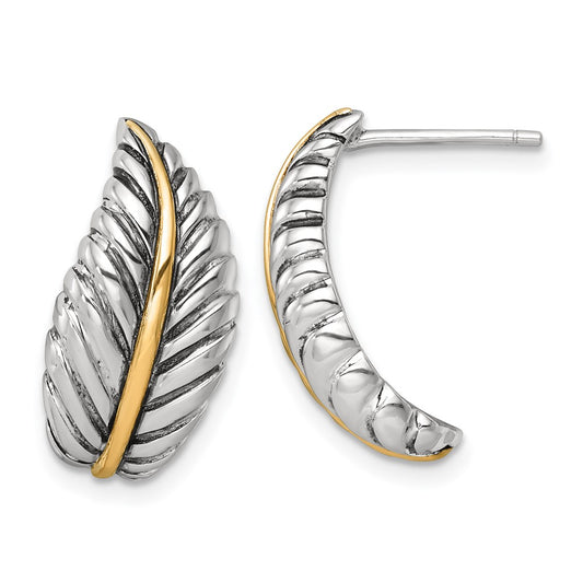 QE17975 Sterling Silver Antiqued with 14k Accent Polished Feather Post Earrings