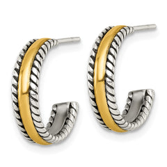 QE17977 Sterling Silver and Gold-tone Antiqued Textured Post C-Hoop Earrings