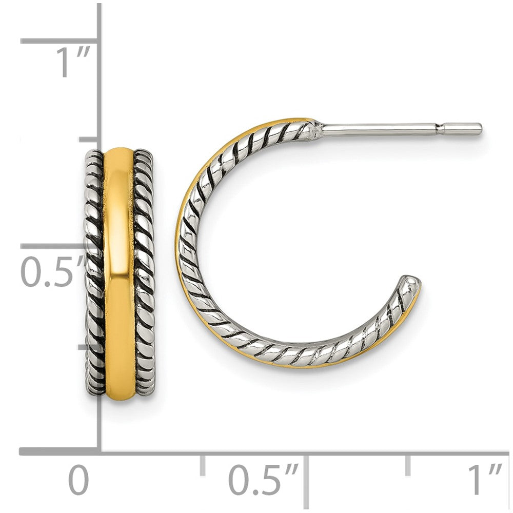QE17977 Sterling Silver and Gold-tone Antiqued Textured Post C-Hoop Earrings
