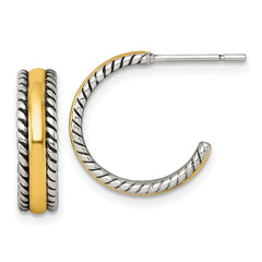 QE17977 Sterling Silver and Gold-tone Antiqued Textured Post C-Hoop Earrings