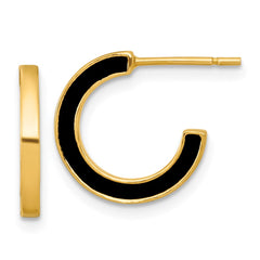 QE17978 Sterling Silver Gold-tone Polished Black Enamel 15x2mm Post C-Hoop Earrings