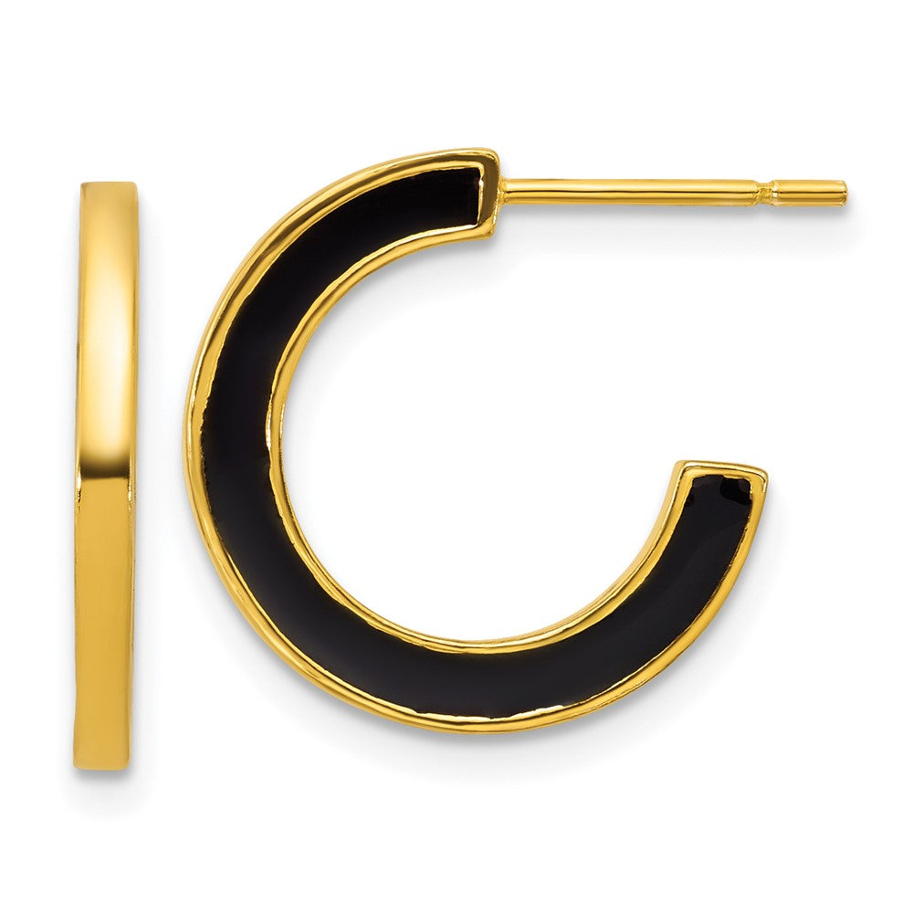 QE17979 Sterling Silver Gold-tone Polished Black Enamel 18x2mm Post C-Hoop Earrings
