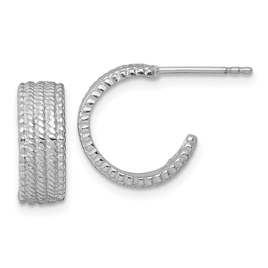 QE17982 Sterling Silver Rhodium-plated Polished And Textured C-Hoop Post Earrings