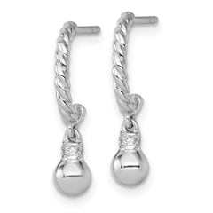QE17991 Sterling Silver Rhodium-plated Polished and Twisted CZ Post J-Hoop Dangle Earrings