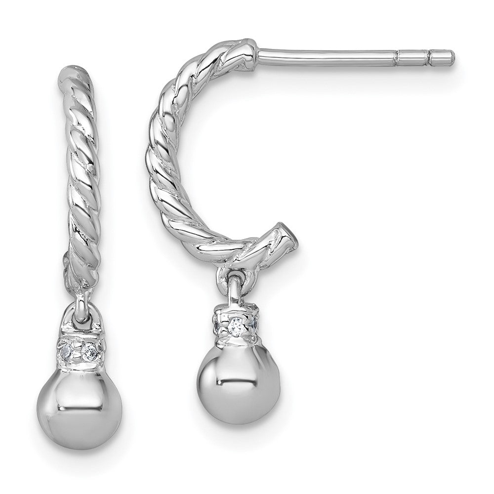 QE17991 Sterling Silver Rhodium-plated Polished and Twisted CZ Post J-Hoop Dangle Earrings