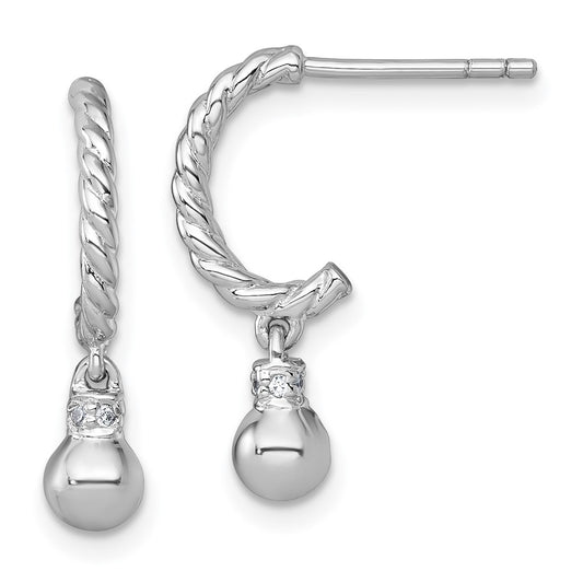 QE17991 Sterling Silver Rhodium-plated Polished and Twisted CZ Post J-Hoop Dangle Earrings