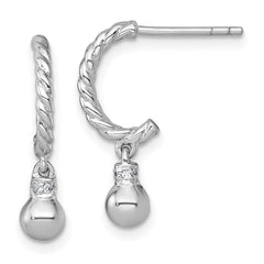 QE17991 Sterling Silver Rhodium-plated Polished and Twisted CZ Post J-Hoop Dangle Earrings