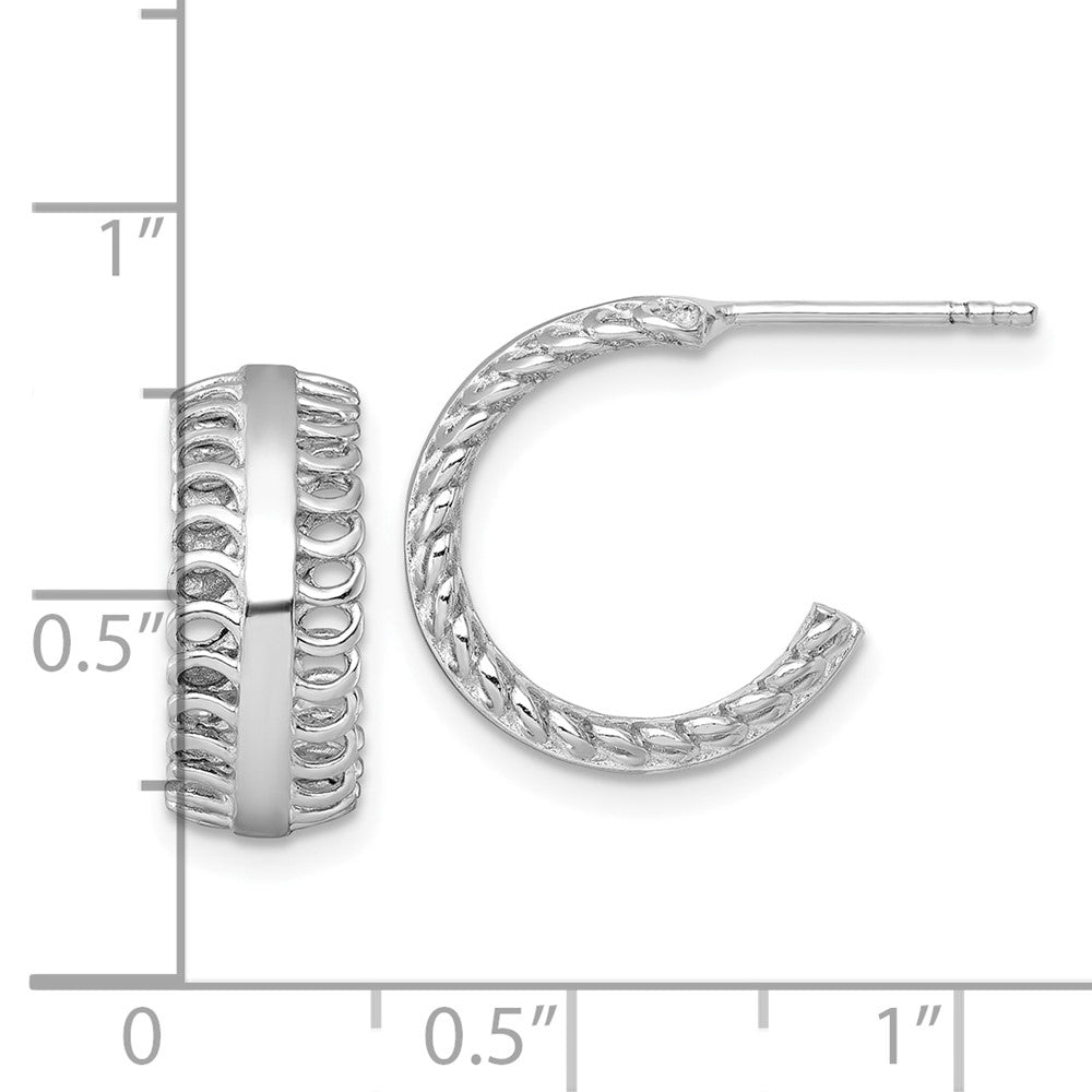 QE17992 Sterling Silver Rhodium-plated Polished Circle Pattern Edge C-Hoop Post Earrings