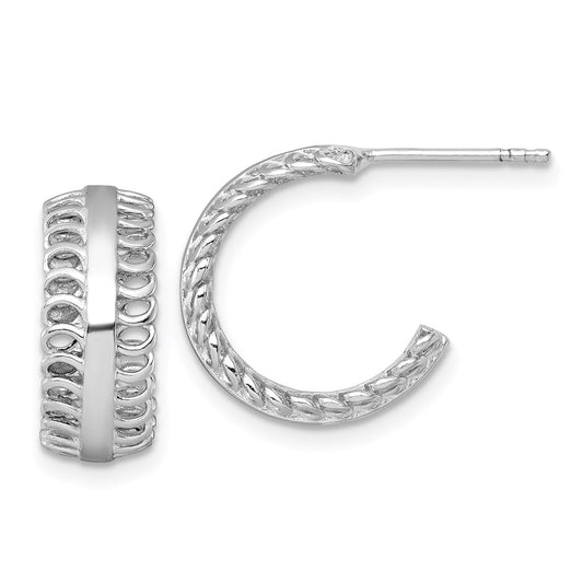 QE17992 Sterling Silver Rhodium-plated Polished Circle Pattern Edge C-Hoop Post Earrings