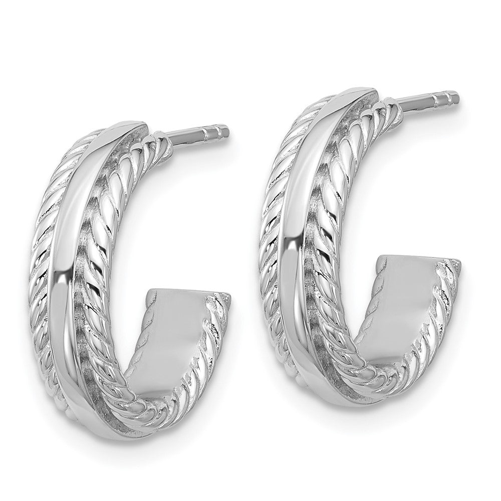 QE17993 Sterling Silver Rhodium-plated Polished and Grooved 4.5mm x 15mm C-Hoop Post Earrings