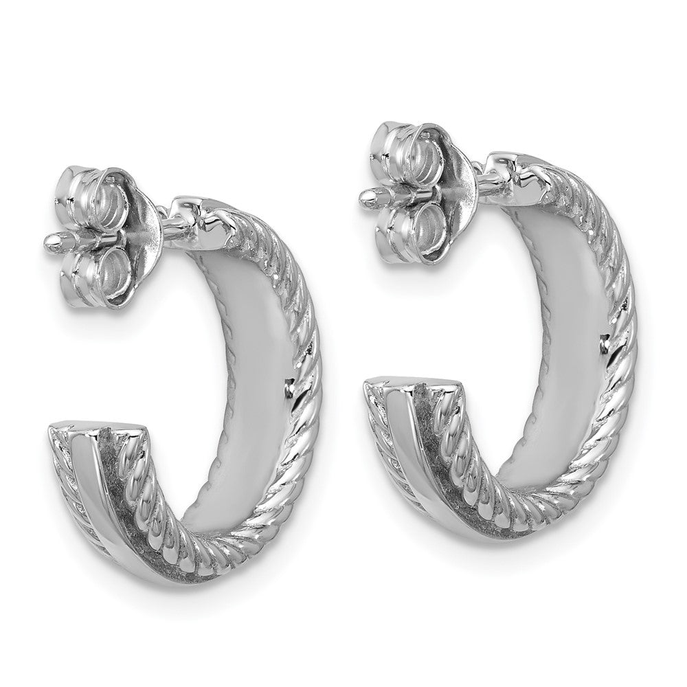 QE17993 Sterling Silver Rhodium-plated Polished and Grooved 4.5mm x 15mm C-Hoop Post Earrings