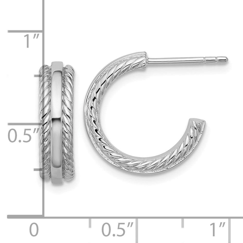 QE17993 Sterling Silver Rhodium-plated Polished and Grooved 4.5mm x 15mm C-Hoop Post Earrings