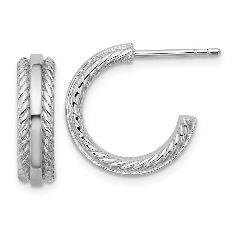 QE17993 Sterling Silver Rhodium-plated Polished and Grooved 4.5mm x 15mm C-Hoop Post Earrings