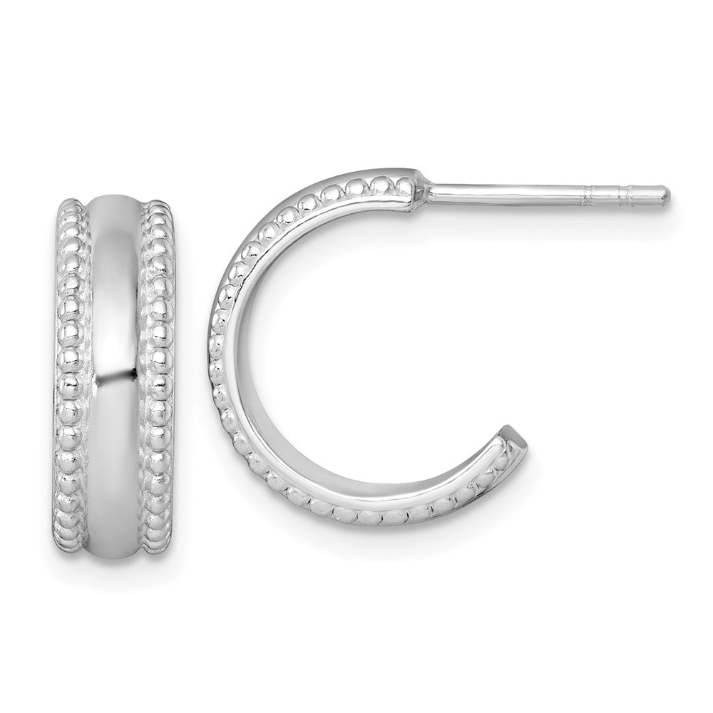 QE17994 Sterling Silver Rhodium-plated Polished Beaded 5.2 x 15mm C-Hoop Post Earrings