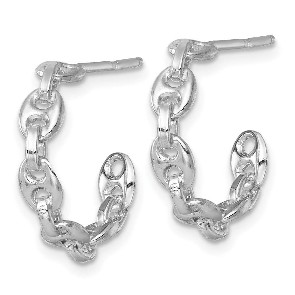 QE17997 Sterling Silver Rhodium-plated 4mm x 16mm Puffed Anchor/Mariner Link C-Hoop Post Earrings