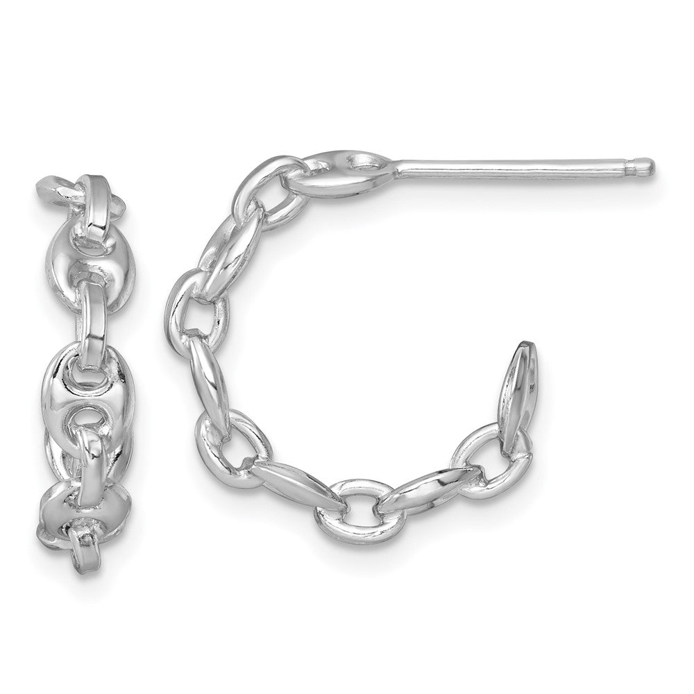 QE17997 Sterling Silver Rhodium-plated 4mm x 16mm Puffed Anchor/Mariner Link C-Hoop Post Earrings