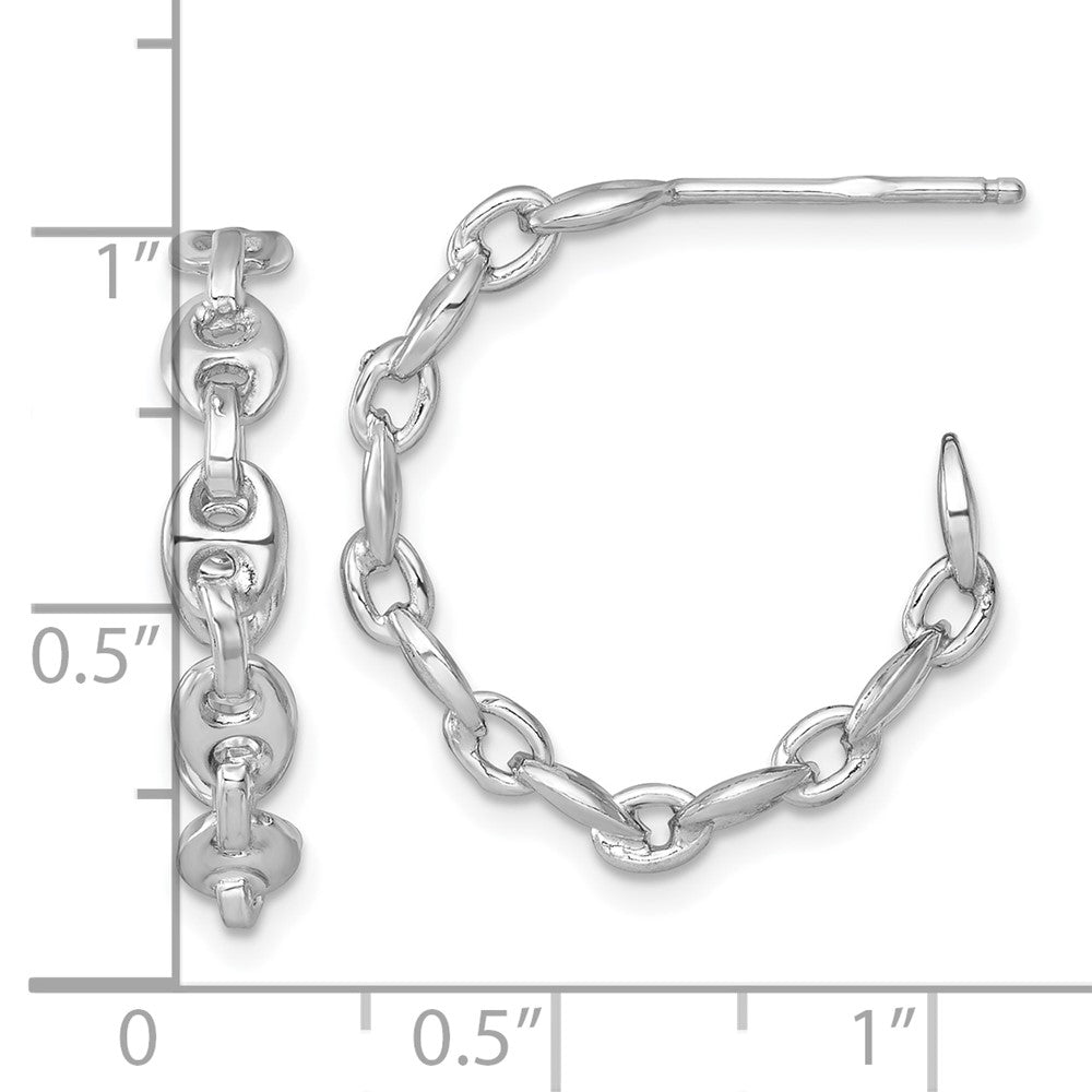 QE17998 Sterling Silver Rhodium-plated 4mm x 23mm Puffed Anchor/Mariner Link C-Hoop Post Earrings