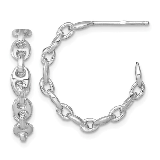 QE17998 Sterling Silver Rhodium-plated 4mm x 23mm Puffed Anchor/Mariner Link C-Hoop Post Earrings