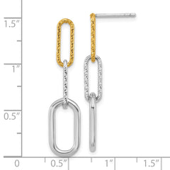 QE18005 Sterling Silver Rhodium and Gold-plated Three Link Textured Dangle Post Earrings