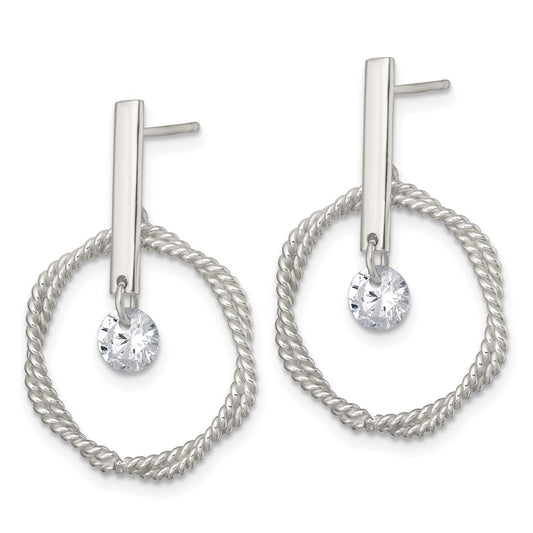 QE18008 Sterling Silver Polished Twisted Circle with Moveable White CZ Dangle Post Earrings